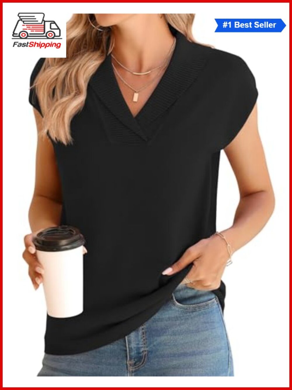 ✨Ivicoer Sweater Vest V-Neck Knitted Pullover Cap Sleeve Collared Top